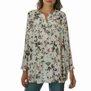 J. Jill Gauzy Sage Green V-Neck Bird/Tree Print Tunic Blouse Excl Cond - Med